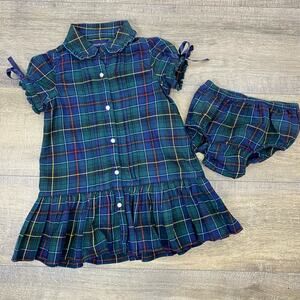 Ralph Lauren Tartan Plaid 2 Piece Baby Dress Size 24 mo Preppy Ruffle Blue Green